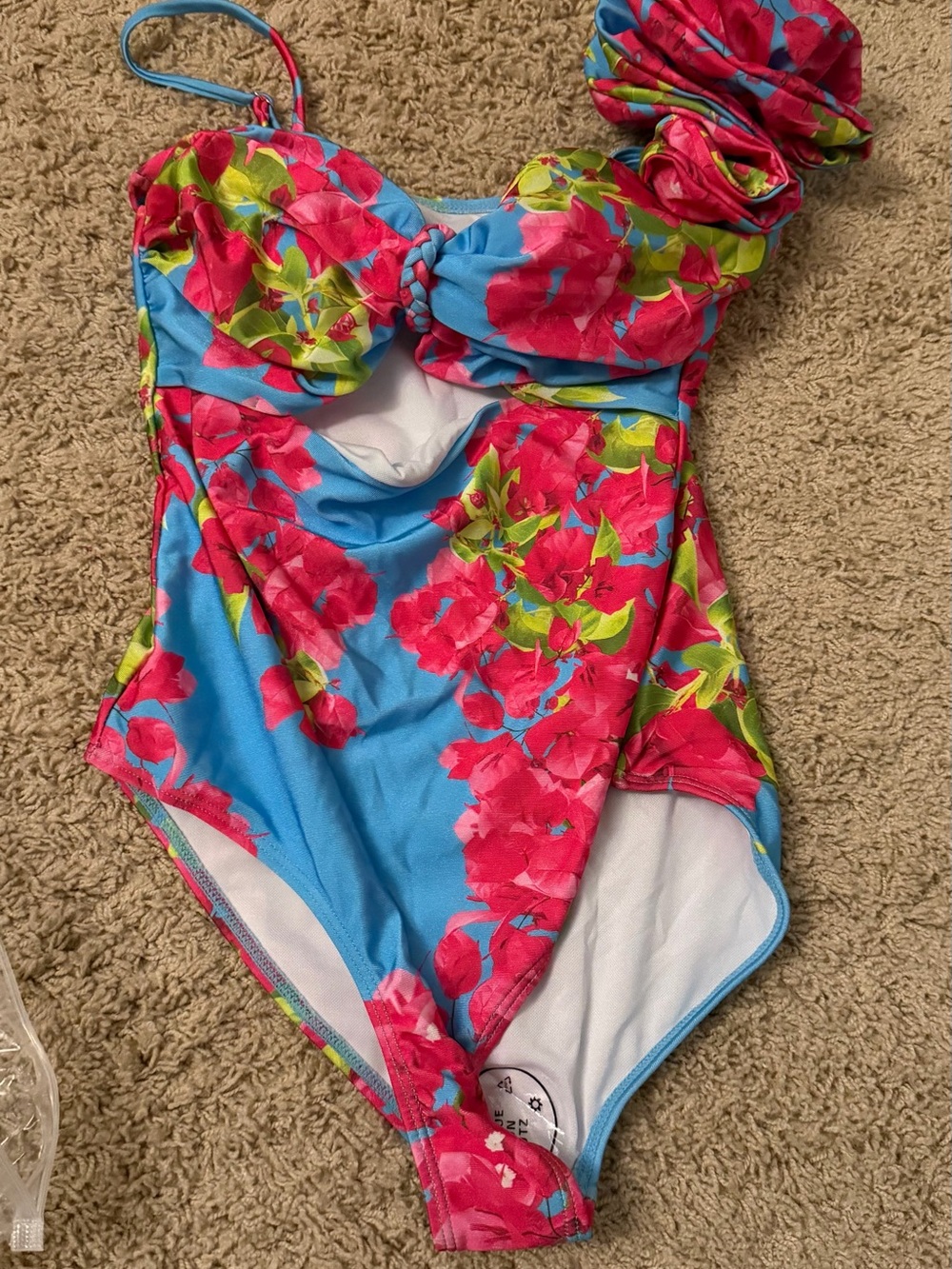 One-Shoulder Floral Cutout One-Piece Swimsuit - Blue with Pink Floral - Picture 7 of 8